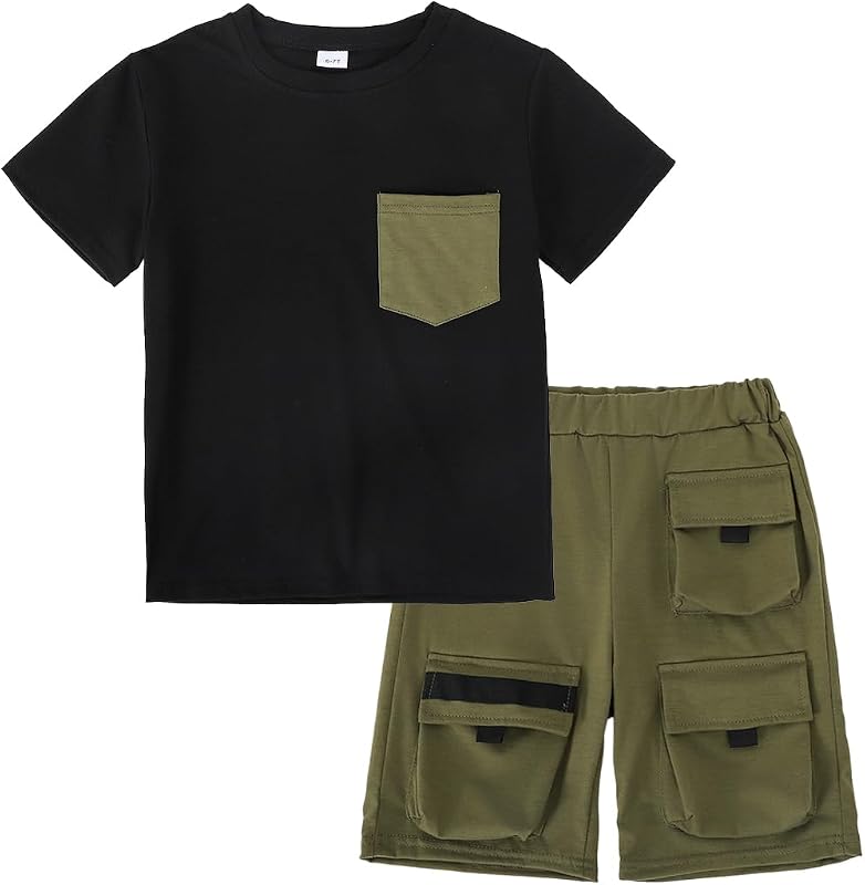 Azmxynol Tween Boys Clothes Daily Casual Short Sleeve Top + Cargo Shorts 2 Pieces Outfit Set, Size 6-14 Years