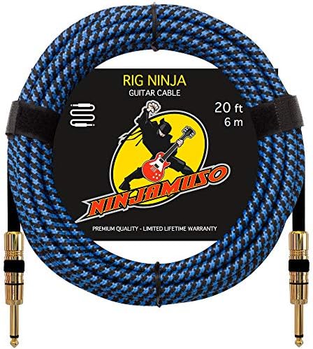 Rig Ninja 1/4 Guitar Cable by NinjaMuso - 20ft Blue Straight - Low Noise Electric and Acoustic Guitar and Bass Patch Cords - 20 Feet Amp Cord for Musical Instrument to Amplifier