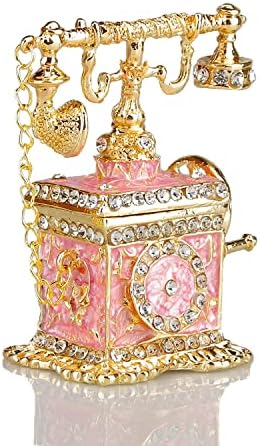 SEVENBEES Pink Telephone Figurines Enameled Telephone Trinket Box Hinged Decorative Telephone Jewelry Boxes Collectibles Gifts for Girls or Women