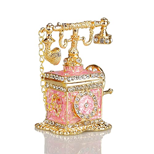 Sevenbees Pink Telephone Figurines Enameled Telephone Trinket Box Hinged Decorative Telephone Jewelry Boxes Collectibles Gifts For Girls Or Women #TOP5