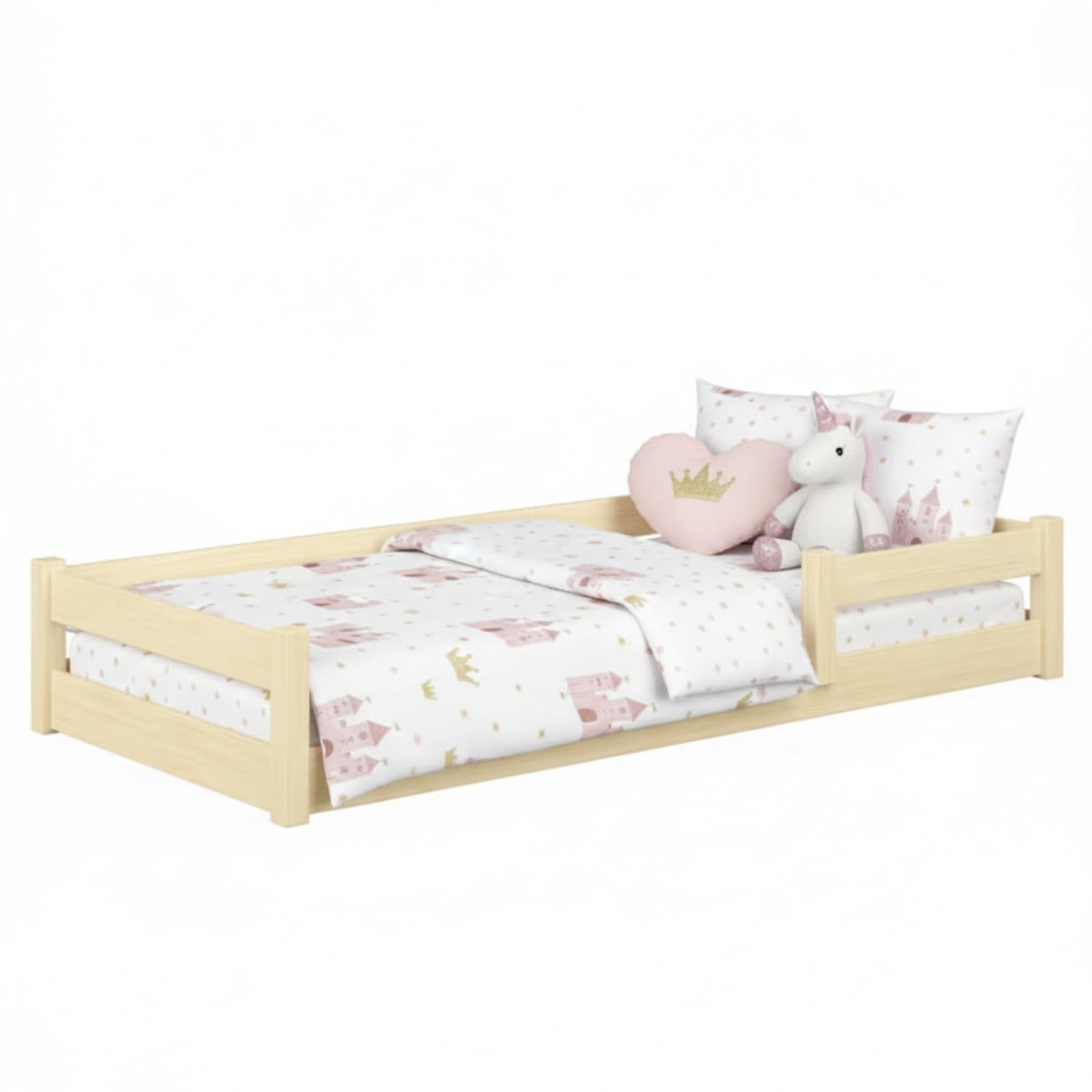 KOBI Lit d'enfant 120x60 cm, avec Tringle - Lit de Sol Nordi en Bois de pin Naturel