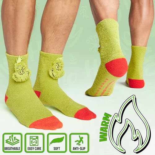 The Grinch Meias masculinas fofas antiderrapantes – presentes para homens, Verde, One Size