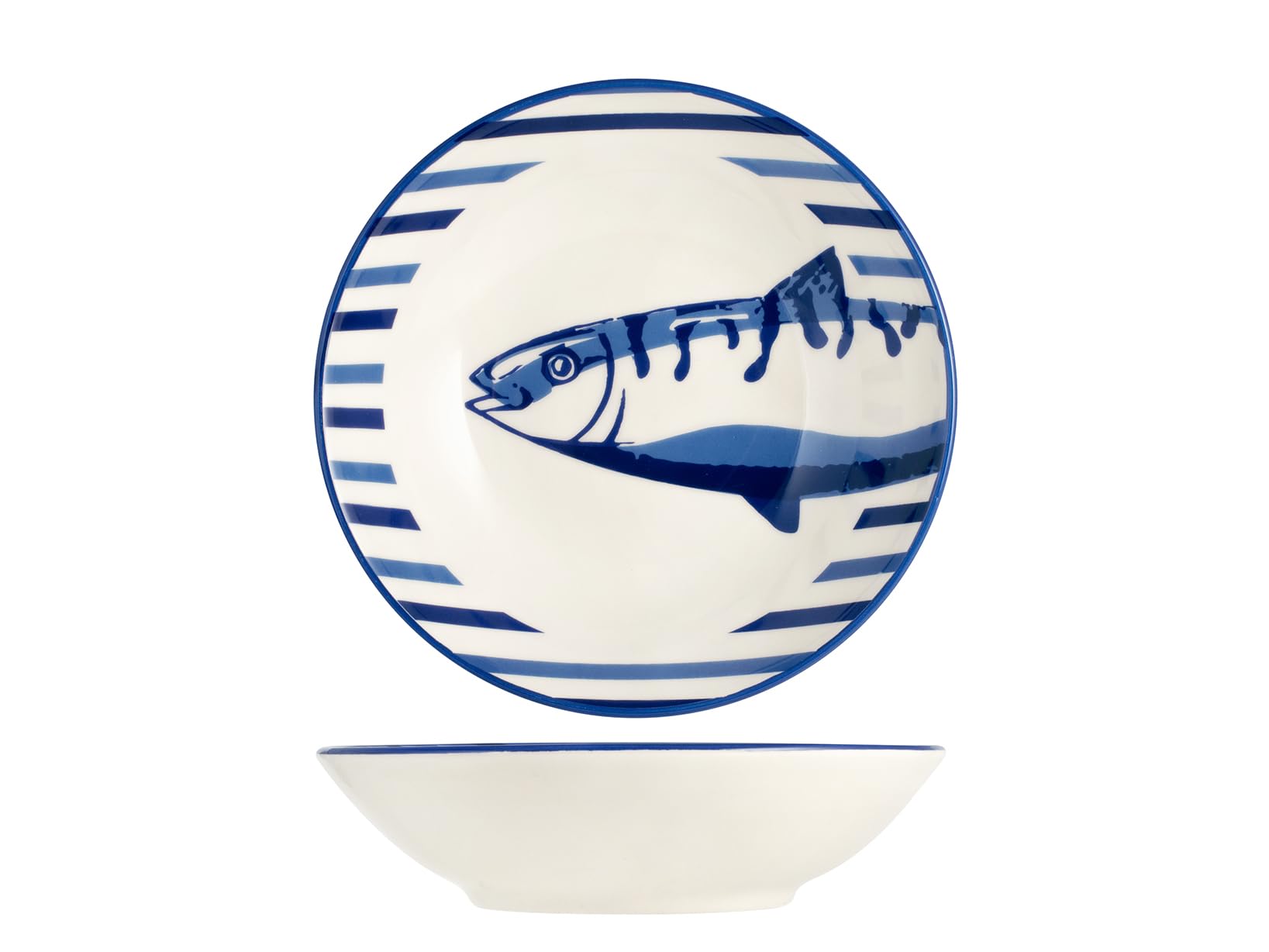 H&H Puerto Servizio Tavola 18 Pezzi in Stoneware – Set Piatti Decorati Blu e Azzurro con Motivo Pesce – Lavabile in Lavastoviglie, Perfetto per Estate, Case al Mare e Cene a Tema