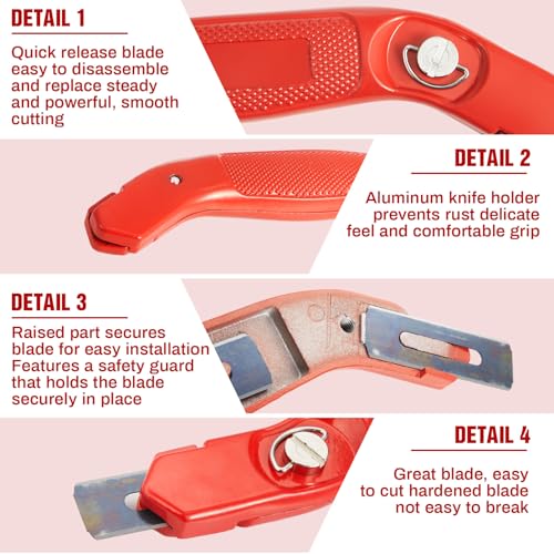 Image of Lasnten 2 Pieces 6 Blades Utility Carpet Knife Cutting Heavy Duty Carpet Knife Cutter Tools with Blades Razor Blade Knives with Protective Cap for Box Cutter Roofing Purpose, Aluminum (Red)