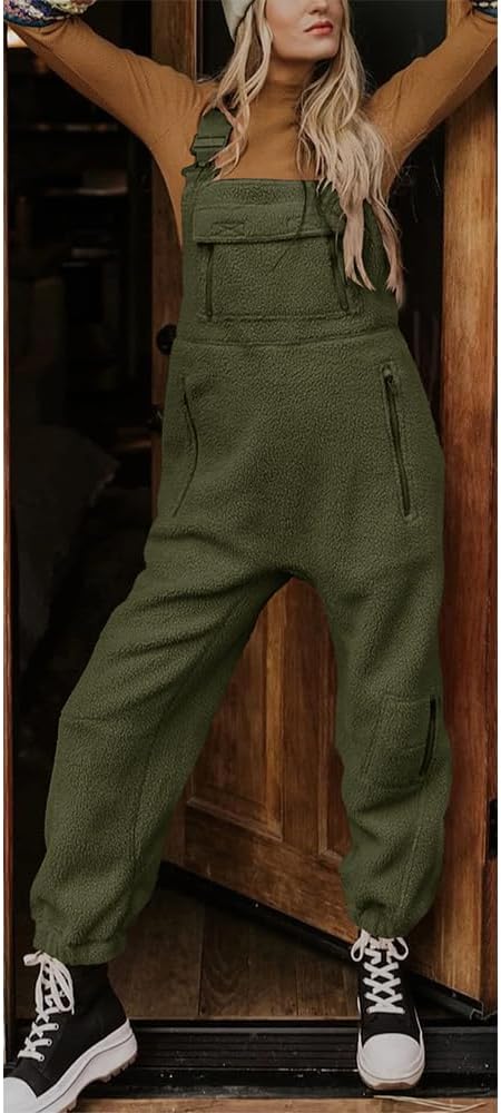 utcoco Womens Fuzzy Fleece Overall Jumpsuits Casual Loose Fit Winter Sherpa Bib Overalls with Pockets