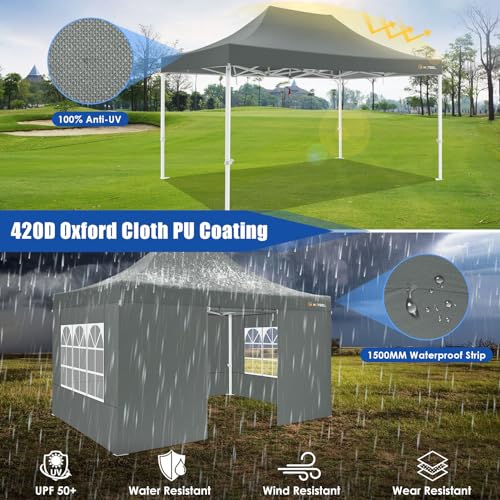 Image of HOTEEL 10x15 Heavy Duty Pop Up Canopy Tent for Parties Event Wedding Commercial Instant Canopy Portable Shelter Folding with Roller Bag, Waterproof UV Resistant, Upgraded Thick Hexagonal Legs, Gray