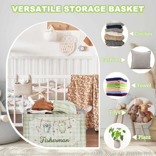 Image of Fishing Baby Shower Decorations,Fishing Storage Baskets,A little Fisherman Nursery Decor,Large Square Canvas Laundry Hamper With A Waterproof PE Coating,Foldable Kids Toy Clothes Bins for Bedroom