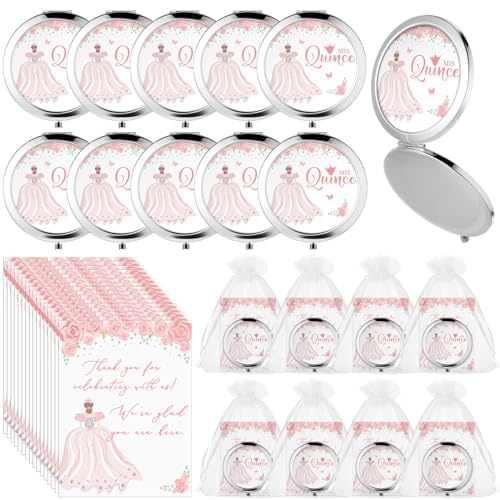 Menkxi 48 Sets Quinceanera Party Favors for Guests Mis Quince Compact Pocket Mirrors and Quinceanera Cards with Organza Bags for 15 Years Sweet Mis Quince Birthday Party Favor (Pink)