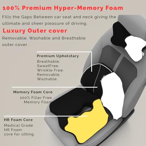 Image of MRRON Memory Foam Car Seat Cushion Combo - Backrest, Coccyx Cushion & Neckrest - Orthopedic Support for Back, Sciatica & Neck Pain - Ergonomic Comfort for Car, Office. (Black, Spine Support)