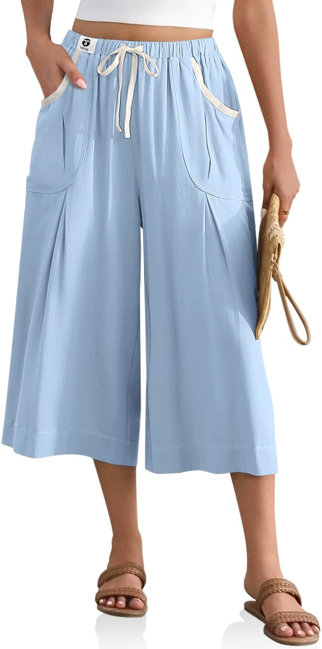 TARSE Linen Capri Pants for Women Drawstring Waist Loose Fit Casual Wide Leg Summer Beach Vacation Lounge Pants