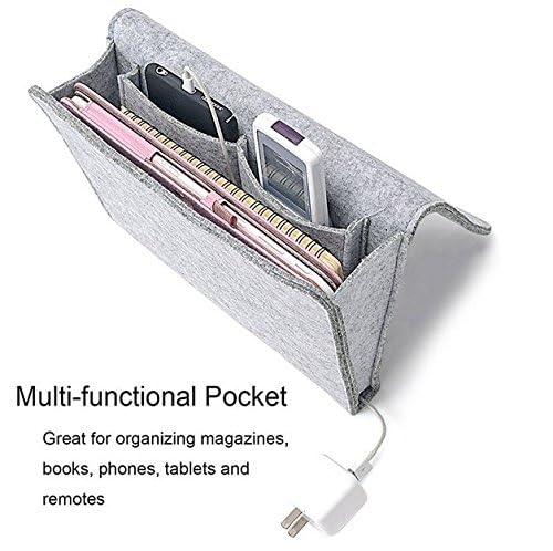 Useful Multi Grey Bed Storage Pockets Felt Bedside Hanging Storage Phone Remote Control Organizer Holder with 2 Inner Pockets for Bed Table Sofa