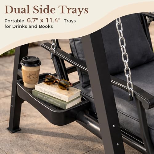 Image of Pamapic Porch Swing with Stand, 350lbs Heavy-Duty Metal Frame Outdoor Swing for Adults with Dual Side Trays, Adjustable Chains, Zippered Removable Cushion for Balcony, Backyard, Garden, Black