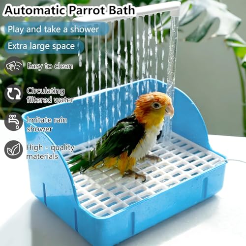 Image of kathson Automatic Parrot Bathtub with Pump, Large Bird Shower Fountain with USB Electric Water Cycle, Parakeet Bath Tub for Medium Birds, Cockatiel, Cockatoo, Lovebird, African Grey, Conure, Budgie