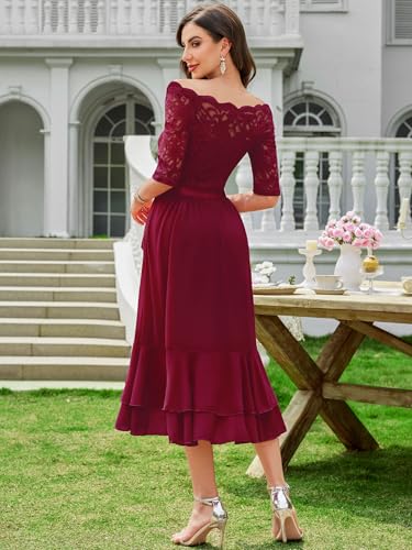 Miusol Women's Off Shoulder Elegant Floral Ruffle Half Sleeve Lace Contrast Chiffon Party Dress (Medium, Red)4