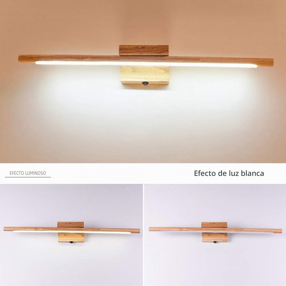Lámpara de Espejo LED Madera, Aplique de Pared Baño, 60CM Luz Baño, Lámpara de Pared Espejo Iluminación para Maquillaje 10W, No-regulable IP44,Blanco