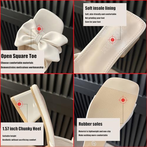 Zeberfi Women's Bow Tie Chunky Heel Sandals Fashion Cute Open Square Toe Slip On Low Block Heel Slide Sandals Summer Wedding Dress Shoes Pumps2