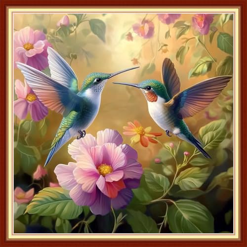 Image of Redxing Stamped Cross Stitch Kits Embroidery kit for Beginners Adults Full Range of Embroidery Patterns Starter Kits DIY Printed Cross Stitch Kits Needlepoint Kits 11CT-Hummingbird flowers 18x18 inchs