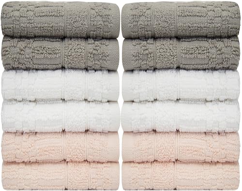 Image of PH Pleasant Home Diamond Wash Cloths Set - 12 Pack (12 inch x 12 inch) - 509 GSM - 100% Ring Spun Cotton Wash Cloth - Super Soft and Highly Absorbent Face Towels (Light Grey, White & Pink)