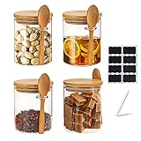 LIFOCI Botes de Cristal 540ml Juego de 4 Tarros de Cristal con Tapa Madera y Cuchara Tarros de Almacenamiento de Vidrio con Tapa Hermética Botes Cristal Cocina Almacenaje para Café Té Azúcar Especias