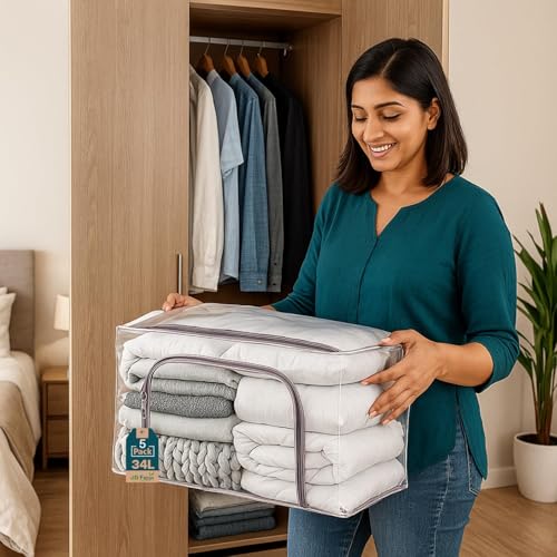 Image of JD FRESH 5 Pcs 34L Transparent Storage Bags with Handles /Foldable Storage box for Clothes /Under Bed Storage Organizer Box with Zippers /Wardrobe Organizer for Storage /Organiser for Blanket /Bedsheet