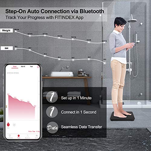 FITINDEX Smart Digital Body Weight Scale, BMI Bathroom Scale with Smartphone App, Step-on Technology, Sturdy Tempered Glass