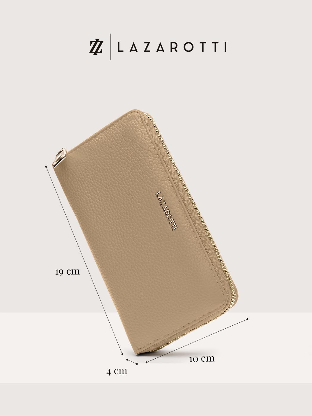 Lazarotti Bolonia - Cartera Grande de Piel para Mujer, Bolsillo Grande con Cremallera, 16 Ranuras para Tarjetas, Monedero, protección RFID, 19 x 4 x 10 cm, Arena, Talla única, Clásico