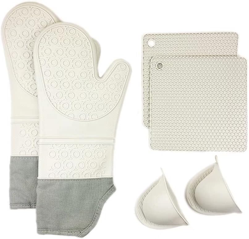 Oven Gloves, Heat Resistant Silicone Oven Glove Set with Mini Oven Gloves and Warm Pad Pot Holder for Kitchen Baking Cooking, 6-Pack (White)