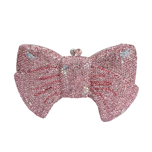 Tngan Women Luxury Bowknot Shaped Evening Clutch Sparkling Rhinestones Handbag for Banquet Wedding Party, Pink 2