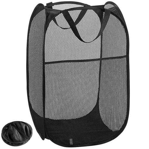 Folding Laundry Basket Mesh Collapsible Laundry Baskets, Pop up Laundry Hamper Bins, Folding Washing Basket with Handles Foldable Laundry Basket for Clothes Tidy Storage (Black)