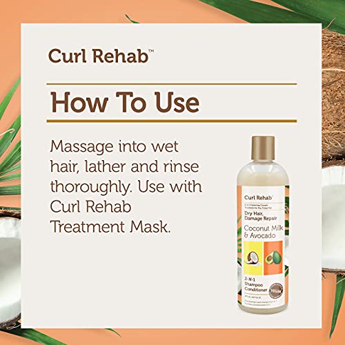 Curl Rehab Dry Hair/Damage Repair Treatment 2 In 1 Shampoo Conditioner (3 Pack), Enriched With Coconut Milk & Avocado, 16 Oz #TOP2