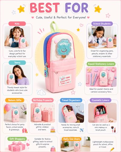 Image of Kawaii Cute Aesthetic Pencil Case for Students | Large Capacity Multi-Pocket Pencil Pouch with Zipper | Cartoon Stationery Organizer Bag for School, College & Office Supplies (Good Time - Pink)