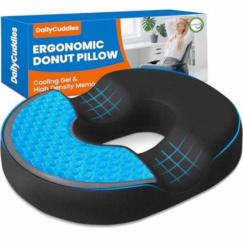 DailyCuddles Donut Pillow for Tailbone Pain, Hemorrhoids - Cooling Gel Memory Foam Chair Seat Cushion for Office, Home & Wheelchair, Ergonomic Chair Pad for Pregnancy, Sciatica, Coccyx (Large, Black)