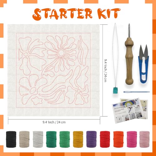 Image of BEUNITONE 2 Sets DIY Punch Needle Kits for Beginners,Bohemian Flower Pre-Printed Pattern,Embroidery Punch Needle Starter Kits for Adults,Includes Pre-Printed Cloth,Yarns,Hoops,Threader and Instruction