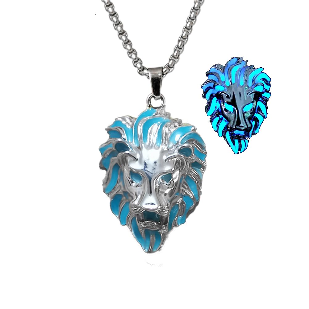 Hewill Lion Necklace for Women Men Luminous Animal Lion Leo Stainless Steel Necklace Glow in the Dark Necklace Hip Hop Jewelry Gift