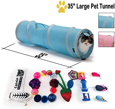 Maximum Mark 22 Cat Toys Kitten Toys Assortments, 2 Way Extra Large Cat Tunnel, Long 35 Inch Pet Tunnels Pink and Blue Colors - Fish, Fluffy Mouse, Crinkle Balls for Cat, Puppy, Kitty, Kitten