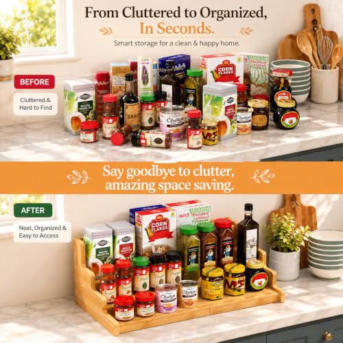 Image of Curated Cart Spice Rack Organizer for Kitchen, Wooden 3 Tier Expandable Rack, Adjustable Step Shelf for Countertop & Cabinets, Multi-Purpose Stand for Pantry & Cupboard (3 Tier Spice Rack - Expandable)