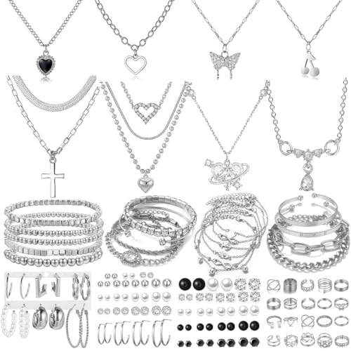 92 PCS Silver Plated Jewelry Set with 8 PCS Necklace, 19 PCS Bracelet, 44 PCS Stud Hoop Earring, 21 Pcs Knuckle Rings for Women Valentine Anniversary Friendship Gift
