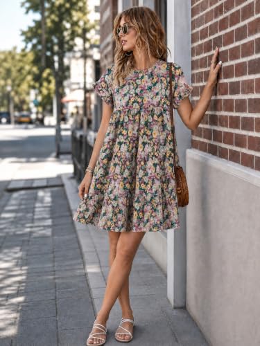 Image of Imysty Womens Boho Floral Ruffle Sleeve Babydoll Loose Flowy Casual Summer Pleated Mini Dress