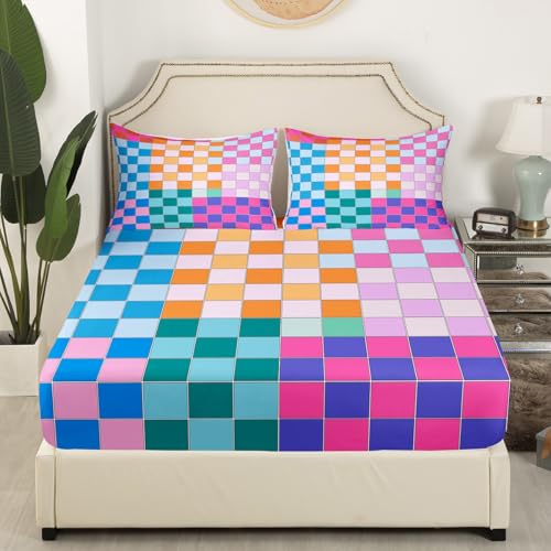 Image of Erosebridal Colorful Checkered Bed Sheets Full Rainbow Checkerboard Grid Sheet Set Blue Pink Purple Ombre Plaid Fitted Sheet for Kids Boys Girls Women,Geometric Groovy Aesthetic Flat Sheet 4 Pcs