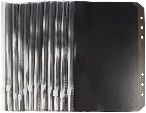 12 bolsillos A5 de PVC negro con cremallera, hojas sueltas, 6 anillas, organizador de PVC con cremallera para sobres diarios de efectivo, carpetas