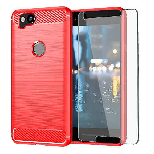 Asuwish Phone Case for Google Pixel 2 with Tempered Glass Screen Protector Cover and Slim Thin Soft TPU Mobile Rugged Cell Accessories Protective Pixel2 Pixle Two G011A Women Men Carbon Fiber Red