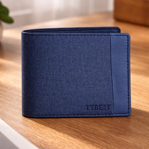 Image of PU Denim Men's Wallet | Premium Blue Bi-Fold with Multiple Card Slots and Coin Pocket