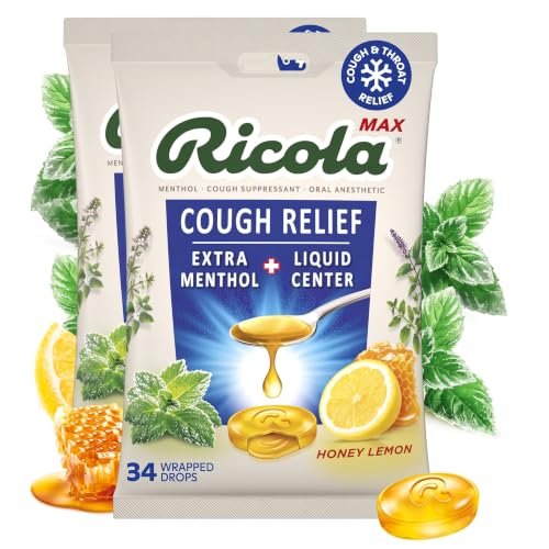 Ricola Max Honey Lemon Throat Care Large Bag | Cough Suppressant Drops | Dual Action Liquid Center | Soothing Long-Lasting Relief - 34 Count (Pack of 2)