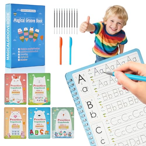 Magic Grooved Writing Books for Kids-Handwriting Practice for Kids 5-8 - Tracing Books for Kids Ages 3-5 - Preschool, Kindergarten Learning-Letters, Numbers, Math, Drawing (Blue Box, 9.45 in x 6.5 in)