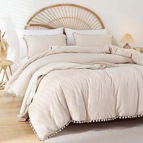YIRDDEO Beige Queen Ball Pom Fringe Comforter Set 3pcs, Boho Beige Aesthetic Luxurious Queen Bedding Set 3 Pieces, Vintage Ultra Soft Microfiber Comforter Set