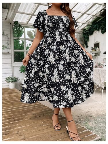 Image of Floerns Women's Plus Size Floral Square Neck Flounce Short Sleeve A Line Maxi Dress