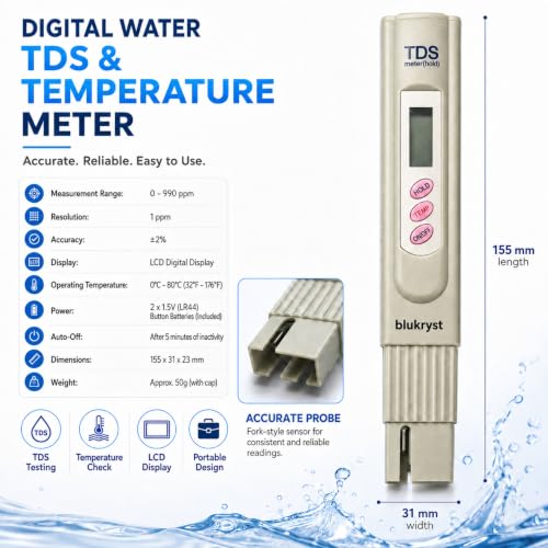 Image of TDS Meter for Water Testing 0-999 ppm LCD Display With Temperature Mode | TDS Meter For Water Testing Best Quality With ±2% High Accuracy | TDS & Tempreature Checker For Water Switch Mode Button