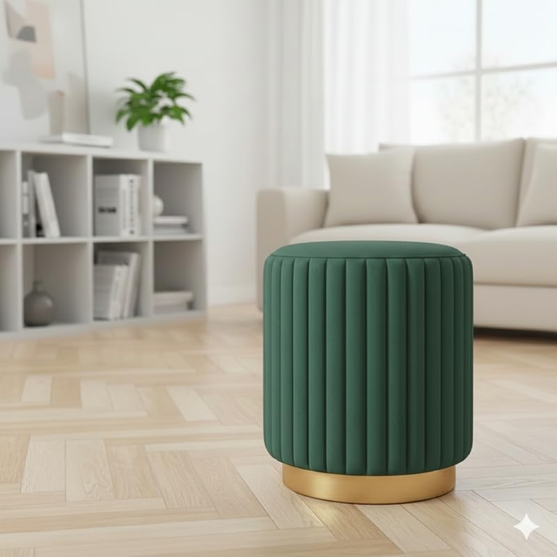 Image of ShadowKart Designer Velvet Round Footstool Ottoman with Sturdy Gold Metal Band Base for Home Decor & Extra Seating, Lightweight Pouf Stool for Sofa Side & Bedroom, 16x16x17 Inch (Green)