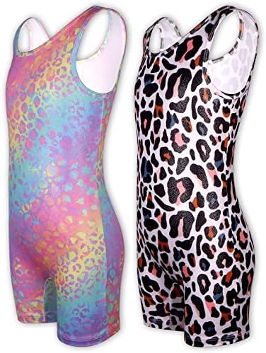 LUOUSE 2 Packs Sparkle Gymnastics Leotards for Girls 7-8, Elegant Girls Leotards for Gymnastics Dance Unitards With Shorts, Rainbow Leopards
