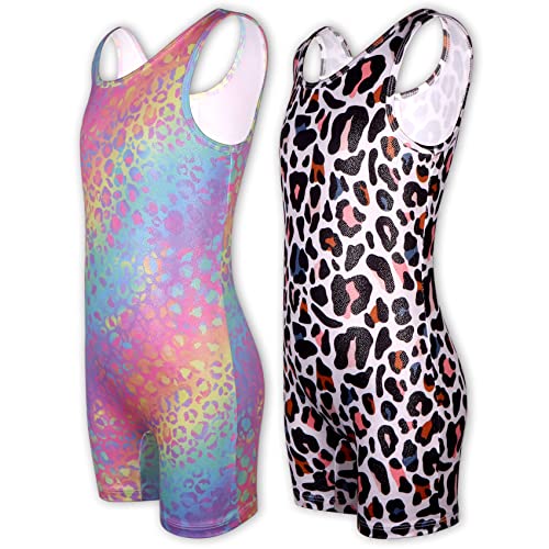 Luouse 2 Packs Sparkle Gymnastics Leotards For Girls 7-8, Elegant Girls Leotards For Gymnastics Dance Unitards With Shorts, Rainbow Leopards #TOP23
